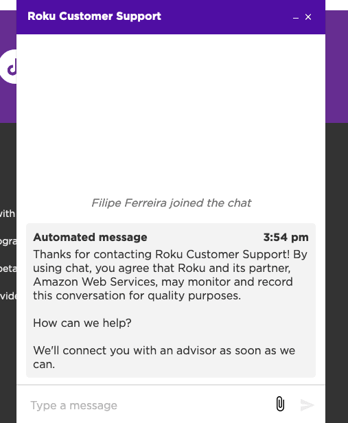 Screenshot of Roku AI Powered Support Chat